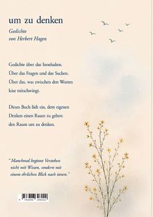 Text: "um zu denken", "Gedichte von Herbert Hagen", "Manchmal beginnt Verstehen...", neben einer Illustration gelber Blumen.