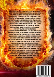 Text: Eine Geschichte von Lyra, die ihre Macht entdeckt und vor Feinden flieht. Feuer, Geheimnisse, Familie und Schicksal.

Hintergrund: Flammen und Barcode unten.