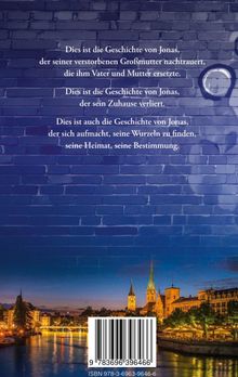 Texte über Jonas’ Verlust und Suche nach Heimat. Hintergrund: Blaue Ziegelwand, unten Stadtansicht bei Nacht mit beleuchteten Türmen.