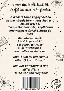 Ein Text beschreibt ein Buch voller sanfter Begleiter, die Ruhe bieten. Zeichnungen von Blüten, Blättern und einem Buch sind zu sehen.