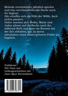 Text über mysteriöses Verschwinden, Suche, Liebe, Nervenkitzel. Hintergrund: Nachtlandschaft mit Sternenhimmel, Bäumen.