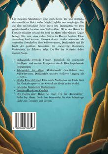 Ein Text beschreibt eine Reise voller Magie, Selbstvertrauen und Dankbarkeit, umhüllt von einer Illustration in Blau- und Brauntönen.