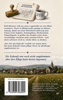 Ein Stempel mit "GENEHMIGT", eine Tasse mit "VERWALTUNG MIT WEITBLICK", Text über ein Zukunftsprojekt, ein Dorf-Panorama.
