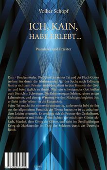 "Volker Schopf: ICH, KAIN, HABE ERLEBT… Wanderer und Priester." Blaues, geometrisches Muster im Hintergrund.