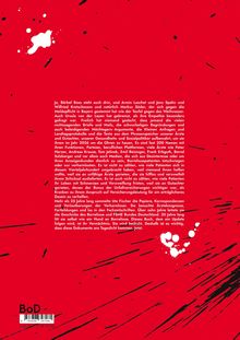 Text in Weiß auf rotem Hintergrund: Namen und Ereignisse im Zusammenhang mit politischen und medizinischen Themen. Schwarzen Spritzern sind verstreut.