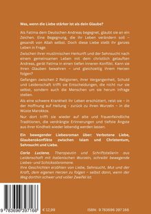 Titel: "Was, wenn die Liebe stärker ist als dein Glaube?". Fatima und Andreas' Liebe stellt ihren Glauben in Frage. Preis: € 12,99. ISBN: 9 783696 397166