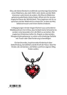 Text über Elisas Abenteuer und Selbstfindung. Illustration einer Halskette mit einem roten, herzförmigen Rubin.