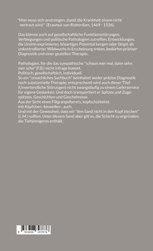 Ein Zitat von Erasmus von Rotterdam über Krankheit und Anpassung, umrahmt von Text über soziale und politische Pathologien. Unten ein Barcode.