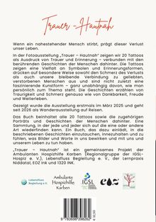 "Trauer – Hautnah" als Titel in roter Schrift. Text beschreibt eine Fotoausstellung über Tattoos als Ausdruck von Trauer. Unten sind Logos.