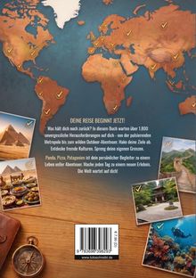 „Deine Reise beginnt jetzt!“, gefolgt von Reisezielen und Symbolen wie Pyramiden und einer Weltkarte mit Häkchen.