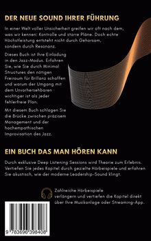 "Der neue Sound Ihrer Führung. Ein Buch das man hören kann." Schwarzer Hintergrund mit orange-weißen Linien.