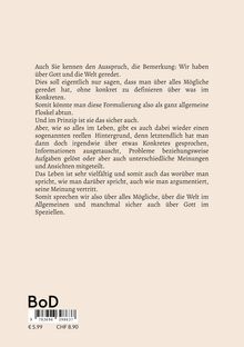 Ein Text reflektiert über den Ausdruck „über Gott und die Welt geredet“, erwähnt allgemeine Floskeln und das Spezielle. In der Ecke unten links steht „BoD“. Preisangaben: €5.99, CHF 8.90.