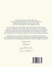 Rückseite eines Buches mit Text über Fragen an die Mutter über ihre Kindheit und Erlebnisse, Einladung zum Erzählen.
