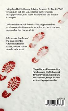 Texte beschreiben eine Geschichte über Heilabend bei Familie Weiß. Rote Fußabdrücke im Schnee begleiten den Text.