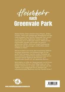 "Heimkehr nach Greenvale Park" steht groß. Adeline kehrt nach Hause zurück. Spannung mit der Familie und Entdeckung alter Geheimnisse. Unten ein Logo mit Webseite.