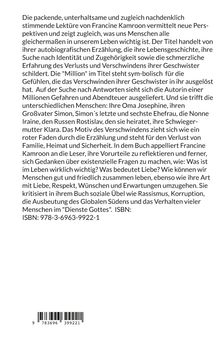 Buchbeschreibung von Francine Kamroon über Identität, Verlust, Abenteuer. ISBN: 978-3-6963-9922-1. Textblock auf weißem Hintergrund.