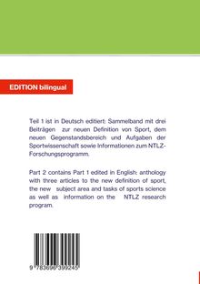 Grüner Hintergrund, "EDITION bilingual" in Rot. Texte beschreiben Inhalte zu Sportwissenschaft in Deutsch und Englisch. Barcode unten.