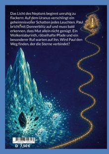 Text über Pauls Abenteuer im All. Illustration: Kristallberge, leuchtende Figuren und ein Pfad aus Sternen zu einer Wolkentür.