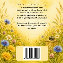 Text über eine Honigbiene namens Bumble auf der Suche nach einem Hobby. Darunter Blumenwiese mit Kamera auf Kiste.