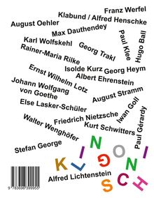 Namen bedeutender Autoren sind in verschiedenen Winkeln verteilt, darunter Goethe, Rilke, Nietzsche. "Klingonisch" in bunten Buchstaben.