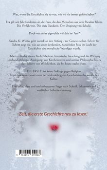 Texte hinterfragen die herkömmliche Sicht auf Eva und Weiblichkeit; eisige Muster umrahmen eine rote Blüte.