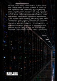 Ein Text beschreibt eine Geschichte über KI, Erinnerung und Identität. Im Hintergrund sind zahlreiche Server in einem Rechenzentrum zu sehen.