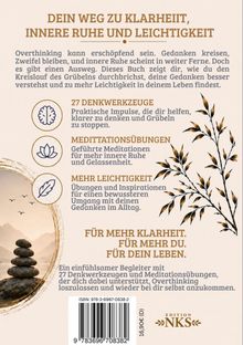 Ein Buchcover mit Texten über Klarheit, innere Ruhe und Leichtigkeit. Enthält Symbole wie ein Gehirn und eine Lotusblume.