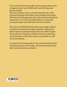 Ein gelber Hintergrund mit Text über ein Kinderbuch namens "Liora and the Christmas Light".