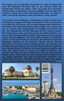 Oben: Beschreibung einer Kreuzfahrt im Mittelmeer. Unten: Bilder von historischen Gebäuden, einer Hafenstadt und einem Denkmal.