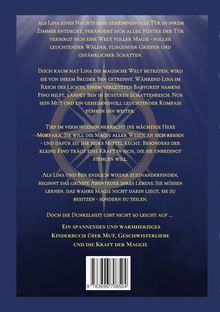 Ein Text beschreibt ein magisches Abenteuer von Lina und Ben, eine Hexe namens Morvara und die Themen Mut und Magie.