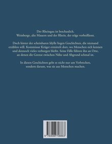Text über den Rheingau, Geschichten und Kommissar Krüger. Barcode unten rechts. Hintergrund dunkelblau.
