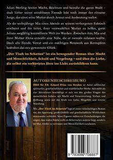 Text über Julian Sterling und den Roman „Der Tisch im Schatten“. Unten Autorbeschreibung mit Foto von einem Mann.