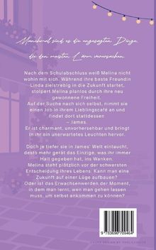Ein lila Hintergrund mit einem Text über Melinas Suche nach sich selbst und ihrer Begegnung mit James. Oben Lichterkette.