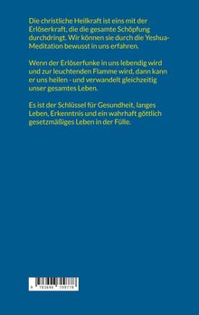Ein blauer Hintergrund mit gelbem Text über christliche Heilkraft und Mediation; unten ein Barcode.