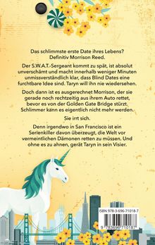 Text über ein Blind Date und Spannungselement in San Francisco. Unten ein Einhorn vor Skyline und Brücke; gelbe Blumen oben.