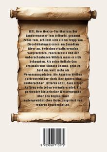 Ein Text auf einer alten Pergamentrolle beschreibt eine historische Westernreise voller Herausforderungen. Darunter ein Barcode.