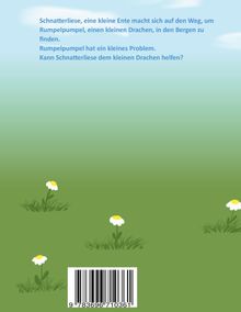 Text über Schnatterliese und Rumpelpumpel, Wiese mit Gänseblümchen, blauer Himmel, Strichcode unten.