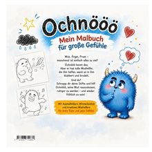 "Ochnööö - Mein Malbuch für große Gefühle. Wut, Ärger, Frust – manchmal ist alles zu viel! Ochnööö kennt das." Illustration eines blauen Monsters mit Hörnern.