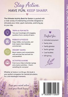 "Stay Active. HAVE FUN. KEEP SHARP." Text über Aktivitäten für Senioren, mit einem Lavendel-Motiv im Hintergrund.
