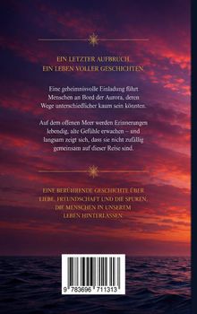 Ein Himmel in Rot- und Lila-Tönen über einem ruhigen Meer, mit einem Text über eine Reise und Beziehungen im Vordergrund.