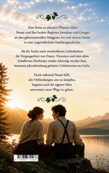 Text über eine geheimnisvolle Reise und vergangene Geheimnisse. Unten zwei Personen am See bei Sonnenuntergang sitzend.