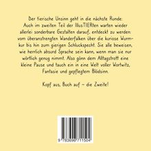 Text über Wortspiele mit Tieren beschreibt Buchfortsetzung. Unten ist ein Barcode auf einem hellgelben Hintergrund.