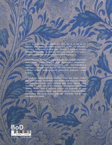 Text über eine literarische Reise durch fiktive und reale Orte. Hintergrund mit floralen blauen Mustern. Preisangaben unten.