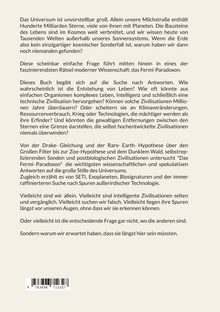 Das Bild enthält einen Text über das Fermi-Paradoxon, die Suche nach außerirdischem Leben und die Drake-Gleichung.