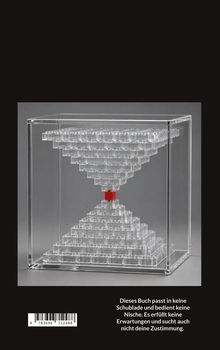 Text: "Dieses Buch passt in keine Schublade und bedient keine Nische. Es erfüllt keine Erwartungen und sucht auch nicht deine Zustimmung."  
Darstellung: Eine Sanduhr aus transparenten Steinen in einem Glaswürfel, mit einem roten Stein in der Mitte.