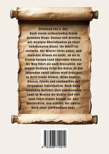 Ein altes Pergament mit Text über Grönland 988 n. Chr. und die Herausforderungen von Überlebenden. Unten ein Barcode.