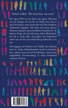 Oben steht: "Robert Göbel - Wer lernt hier von wem?". Darunter ein längerer Text über Perspektiven und Vielfalt. Silhouetten von Menschen in verschiedenen Farben umrahmen den Text.