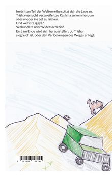 Text über eine spannende Lage im "Weltenreihe"-Buch. Zeichnung: Kamele in Dünen, ein grünes Auto fährt einen Hang hinauf.