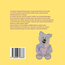 Ein Text beschreibt ein Kinder-Buch über die Gefühlswelt eines Bären in AABB-Reimen. Daneben eine Illustration eines lachenden Bären.