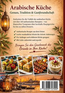 „Arabische Küche: Genuss, Tradition & Gastfreundschaft“. Laterne, Olivenzweige, Gerichte und Stadtansicht.